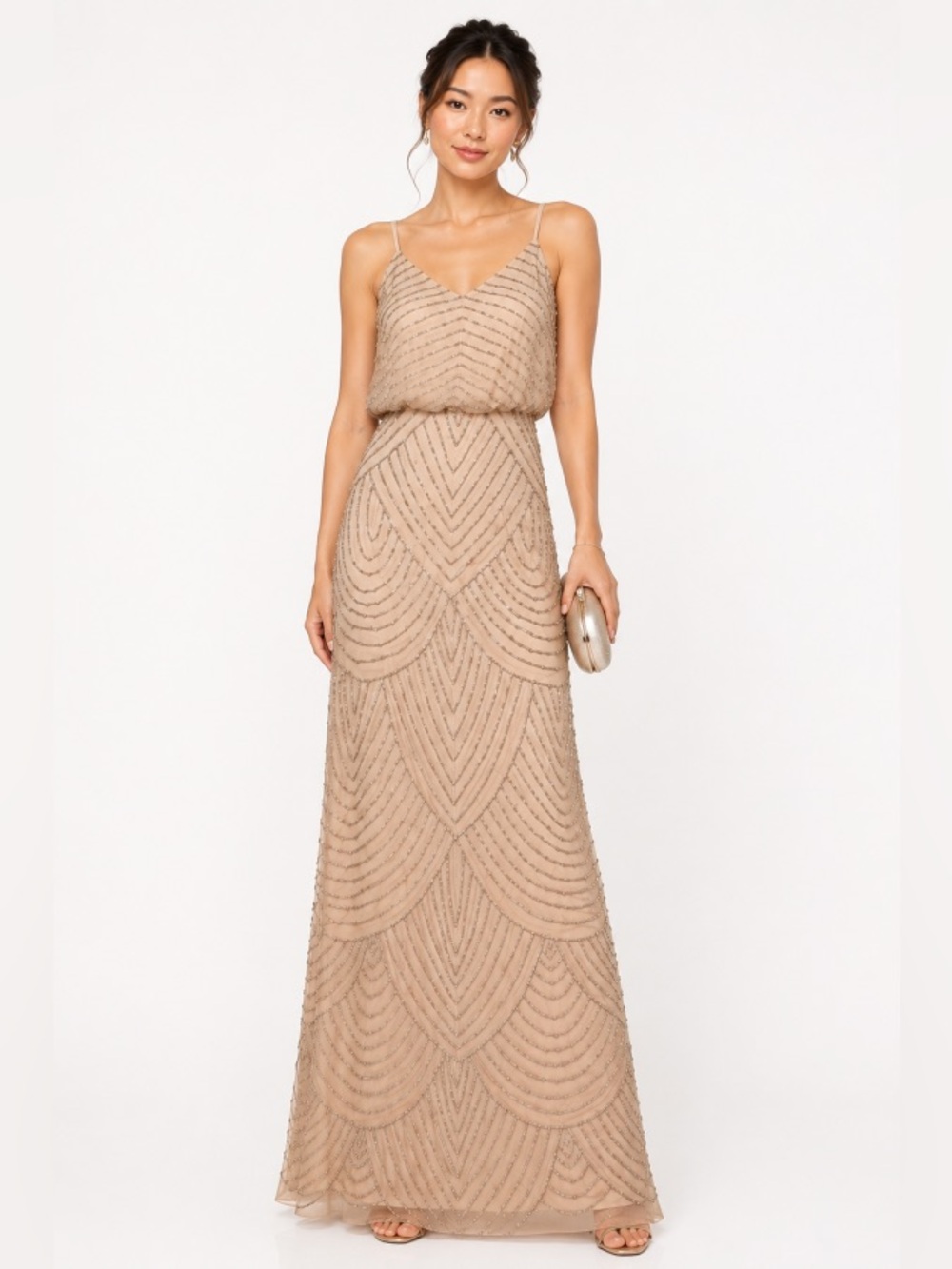 Adriana Papell Floor Length Beaded Blouson Gown - Champagne